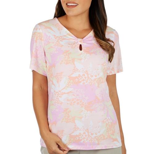 Coral Bay Womens Floral Knot Keyhole Short Sleeve