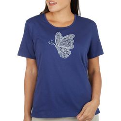 Womens Solid Jeweled Butterfly Silhouette Short Sleeve Top