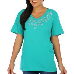 Womens Solid Jeweled V Neck Short Sleeve Top