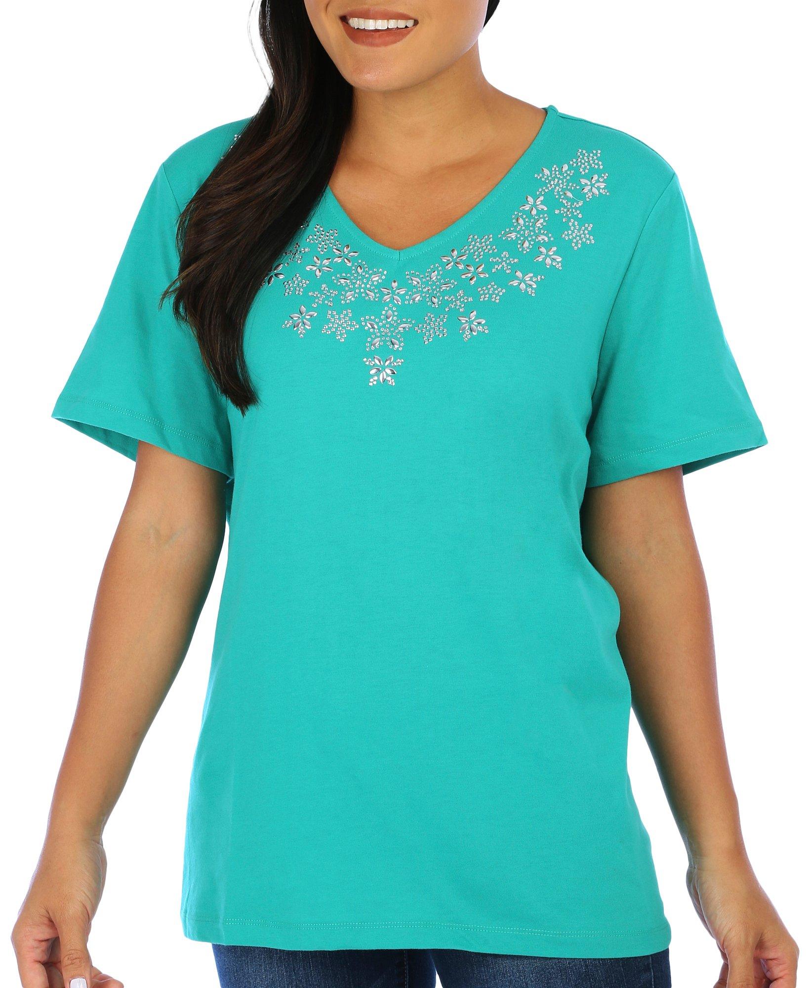 Womens Solid Jeweled V Neck Short Sleeve Top