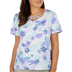 Coral Bay Womens Floral Crisscross Short Sleeve Top