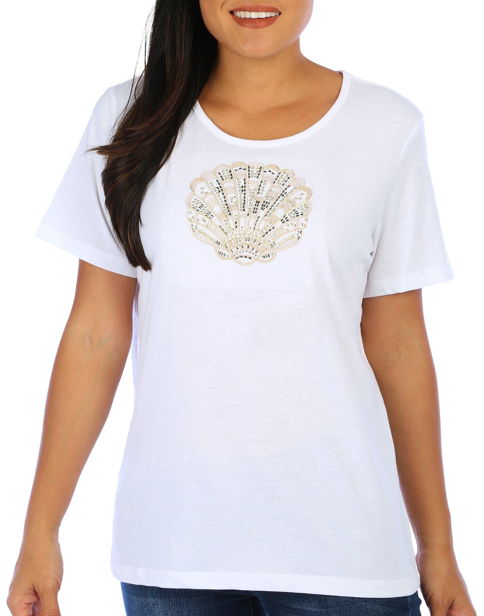 Coral Bay Womens Embellished Shells Short Sleeve Crew