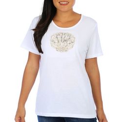 Coral Bay Womens Embellished Shells Short Sleeve Crew Top