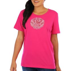 Coral Bay Womens Jeweled Scallop Shell Short Sleeve Top