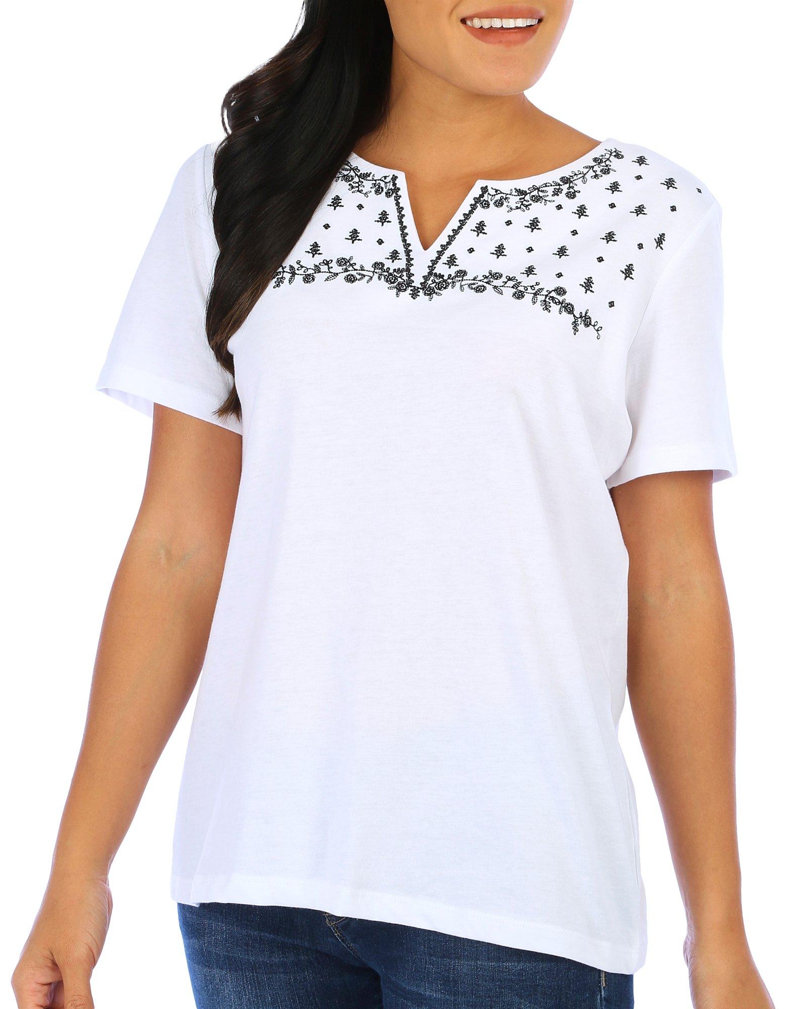 Womens Embroidered Split Neck Short Sleeve Top