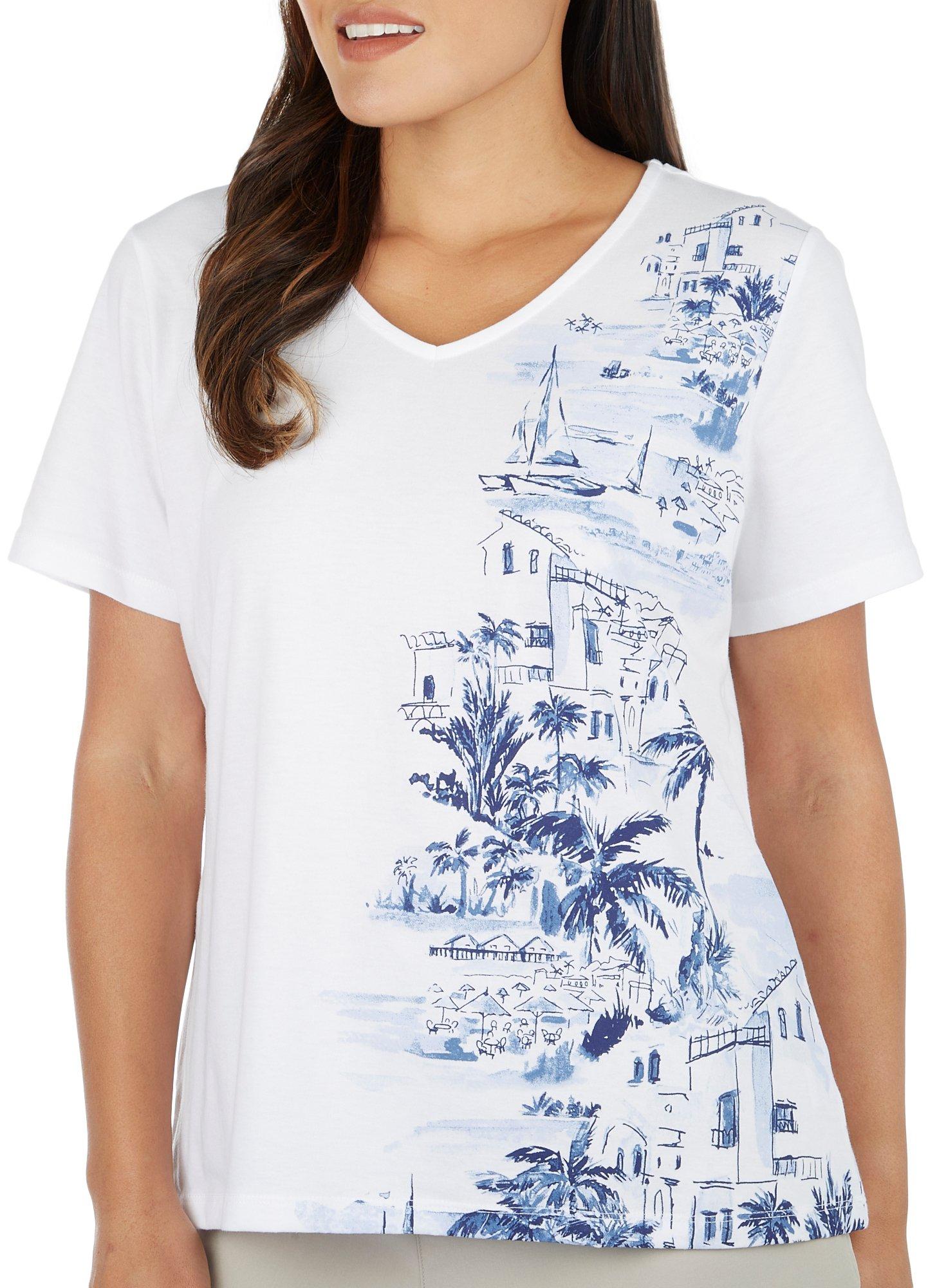 Coral Bay Womens Tropical Print V Neck Short Sleeve Top