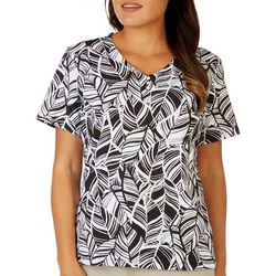 Coral Bay Womens Leaf Print V-Neck Short Sleeve Top