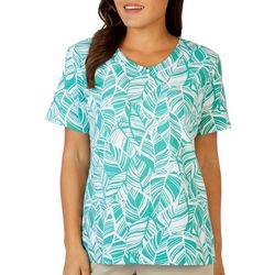 Coral Bay Womens Leaf Pattern Henley Short Sleeve Top
