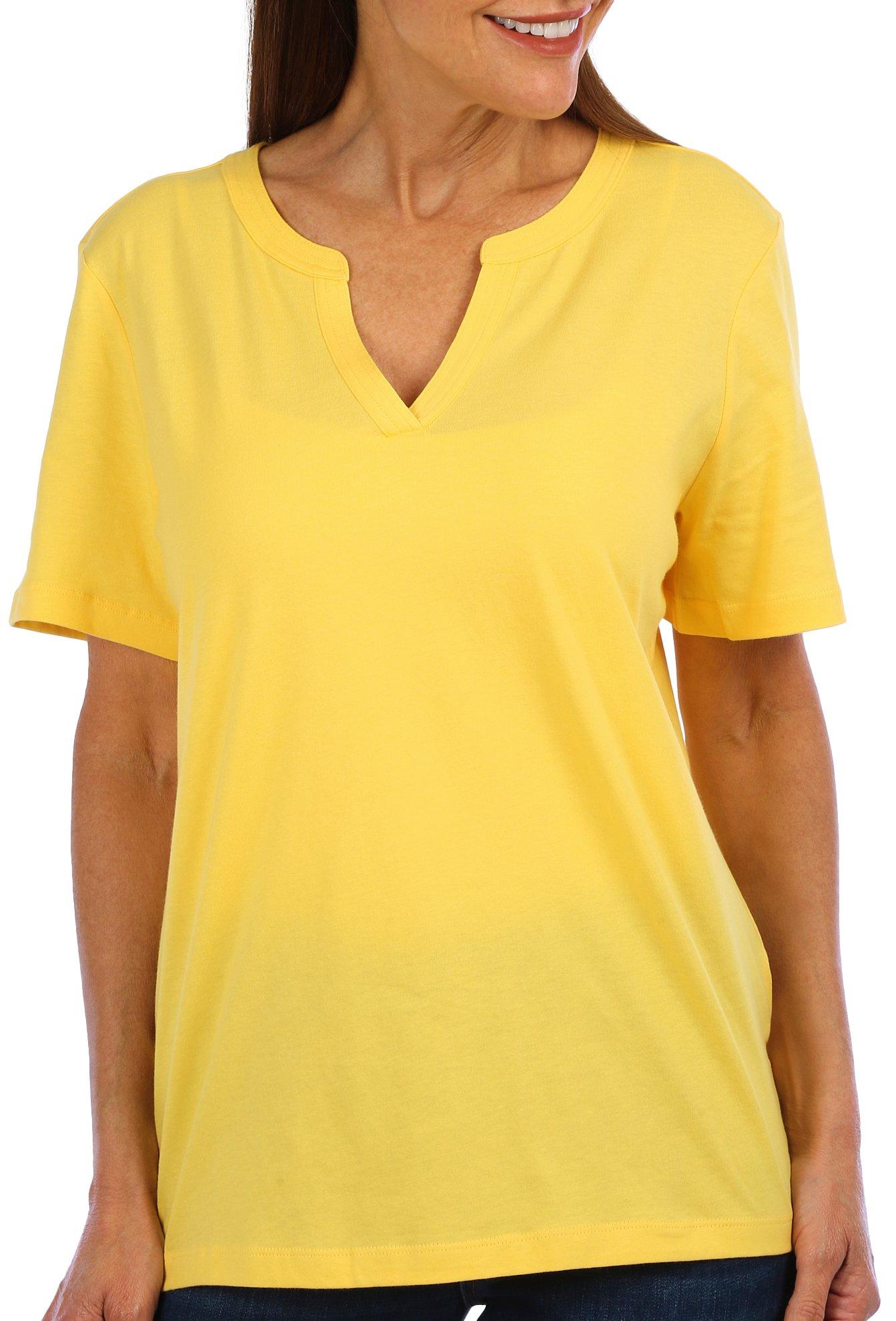 Coral Bay Womens Solid Wide Split-Neck Short Sleeve Top