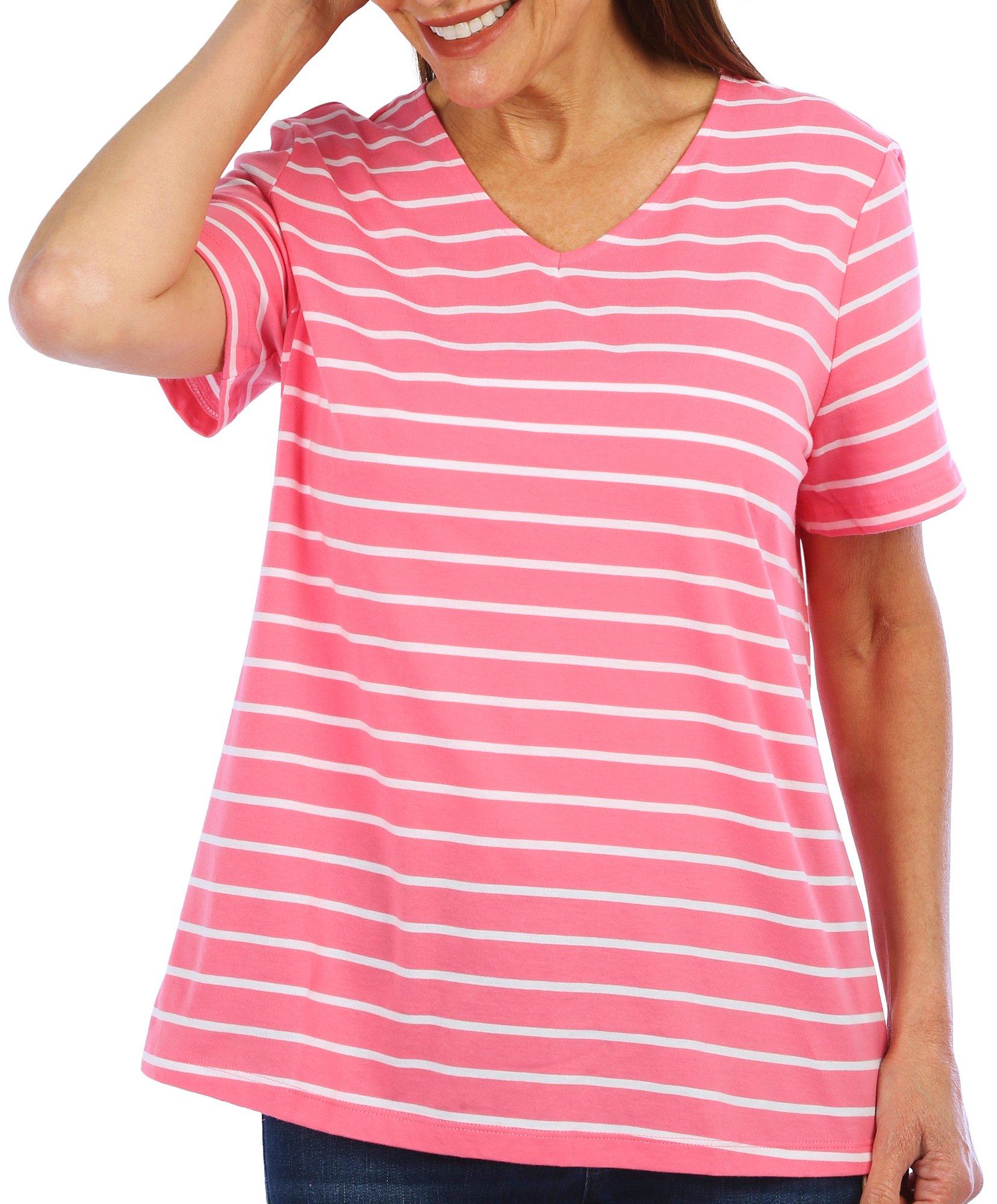 Coral Bay Womens Striped V-Neckline Short Sleeve Top
