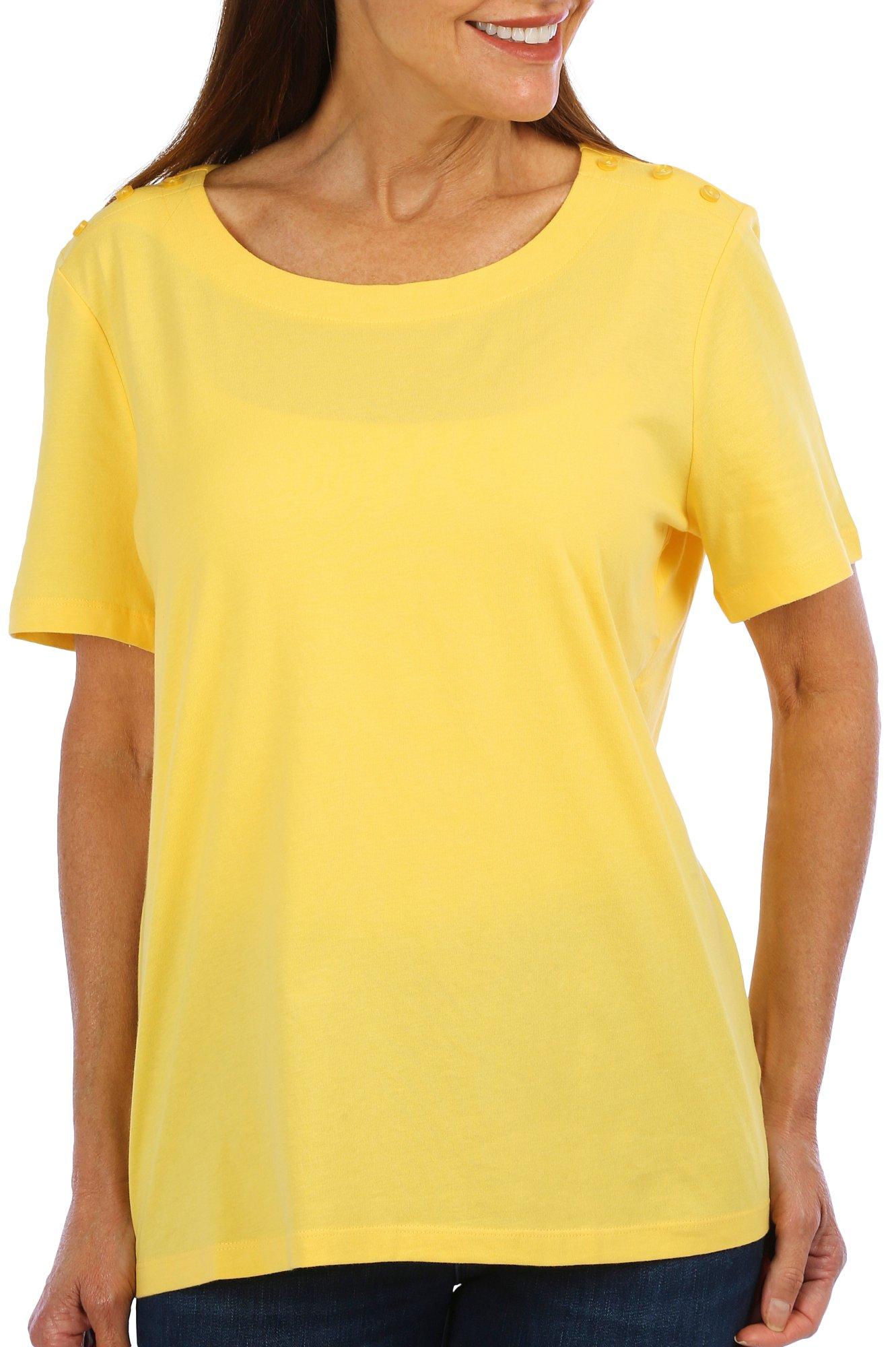 Womens Solid Button Accent Short Sleeve Top