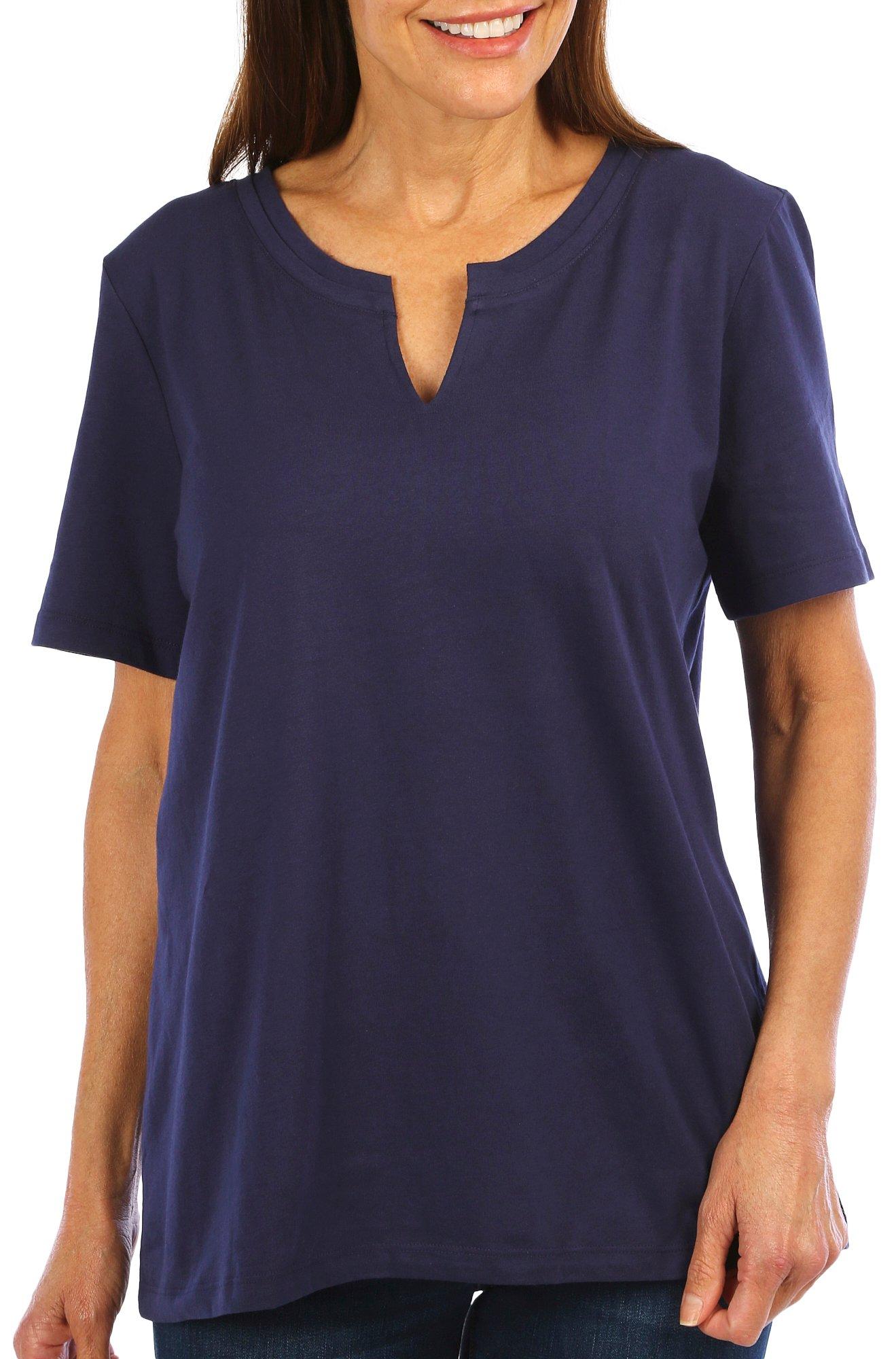 Womens Solid Double Pleat Neck Short Sleeve Top