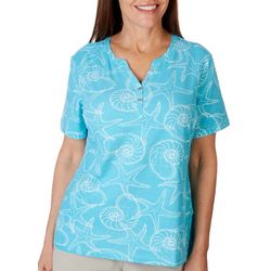 Coral Bay Womens Shell Print Henley Short Sleeve Top