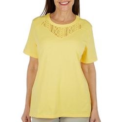 Coral Bay Womens Lace Inset Solid Color Short Sleeve Top