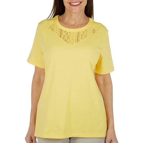 Coral Bay Womens Solid Lace Inset Short Sleeve
