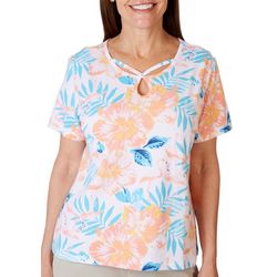 Coral Bay Womens Floral Triple Keyhole Short Sleeve Top
