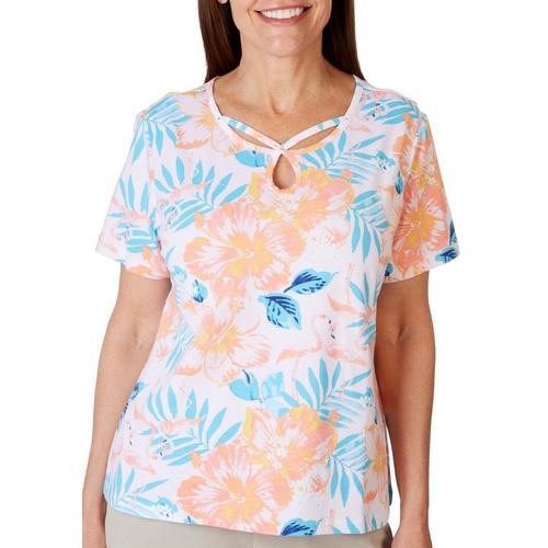 Coral Bay Womens Floral Triple Keyhole Short Sleeve
