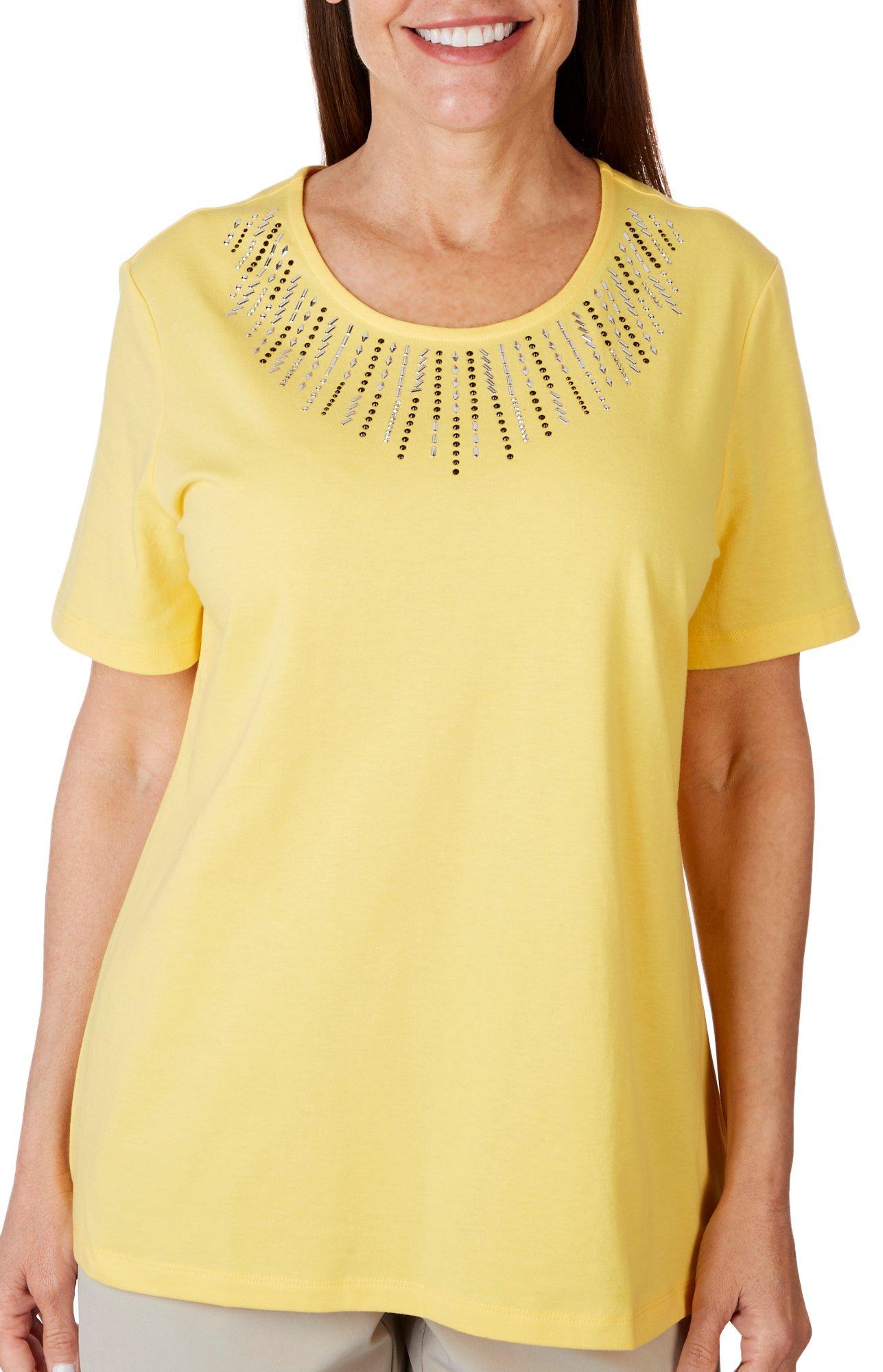 Womens Solid Jeweled Beads Scoop Neck Short Sleeve Tee