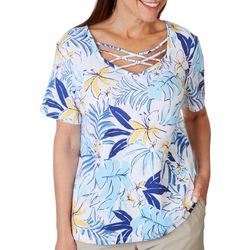 Coral Bay Womens Floral Lattice Neck Short Sleeve Top