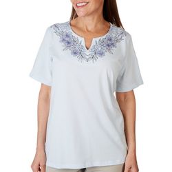 Womens Solid Embroidered Split Neck Short Sleeve Top