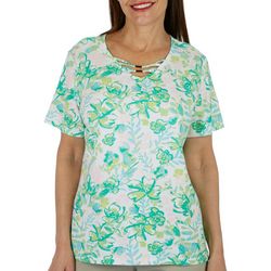 Coral Bay Womens Crisscross Bars Flower Print Sleeve Top