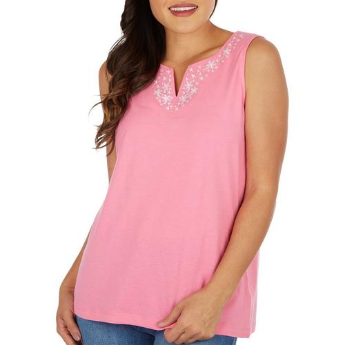 Coral Bay Womens Embroidered Split Neck Sleeveless Top