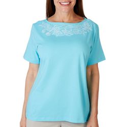 Womens Solid Embellished Sea Shell Short Sleeve Top