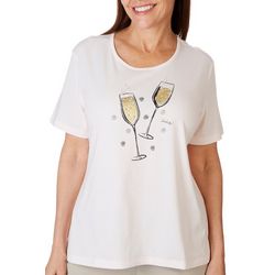 Womens Solid Jeweled Champagne Toast Short Sleeve Tee
