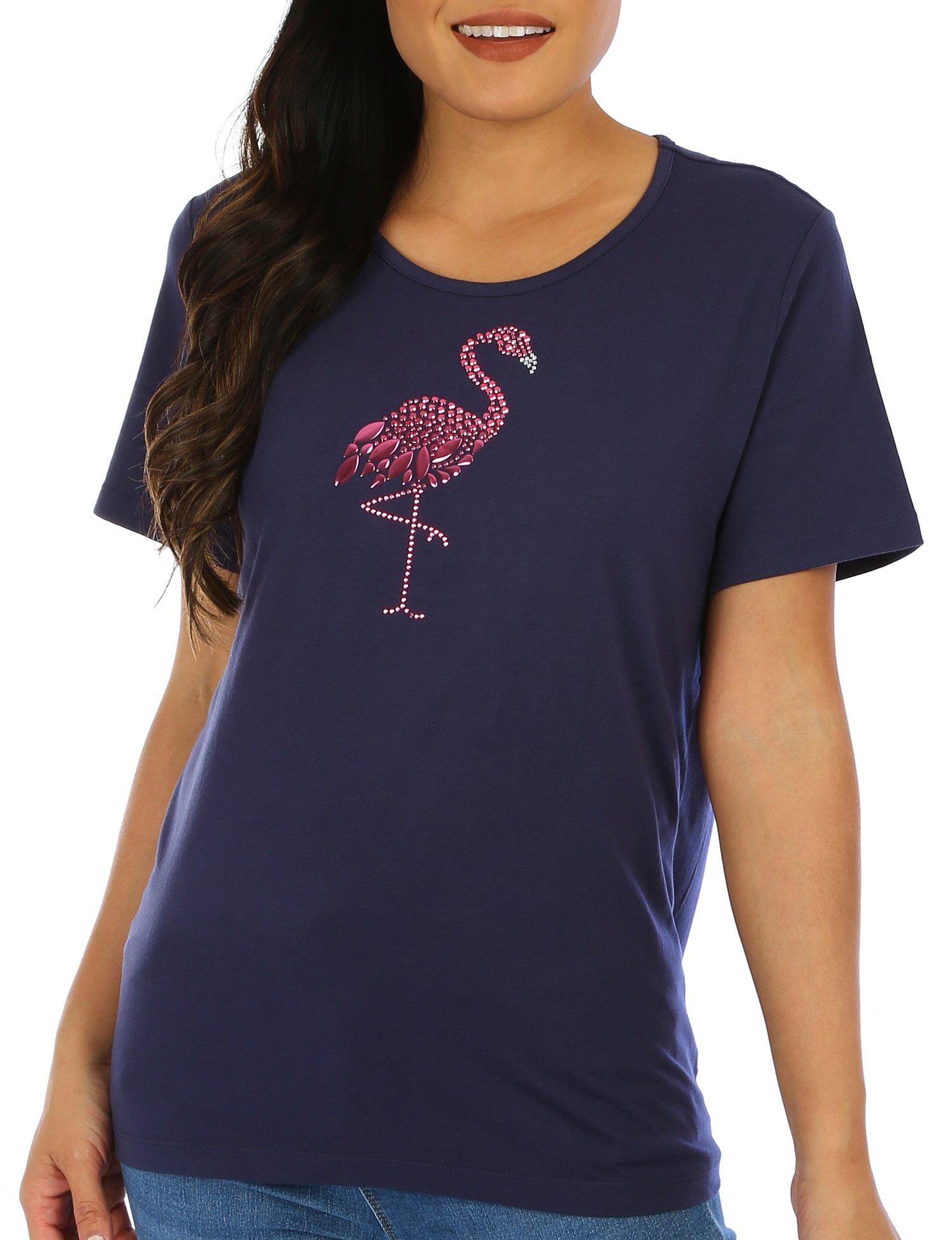 Coral Bay Womens Jewelled Flamingo Short Sleeve Top