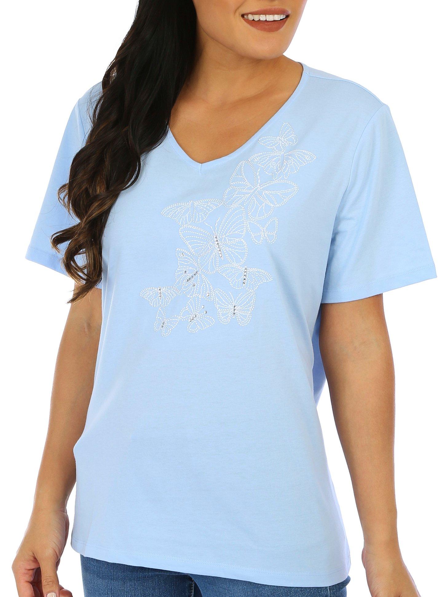 Coral Bay Womens Embroidered Butterflies Short Sleeve Tee