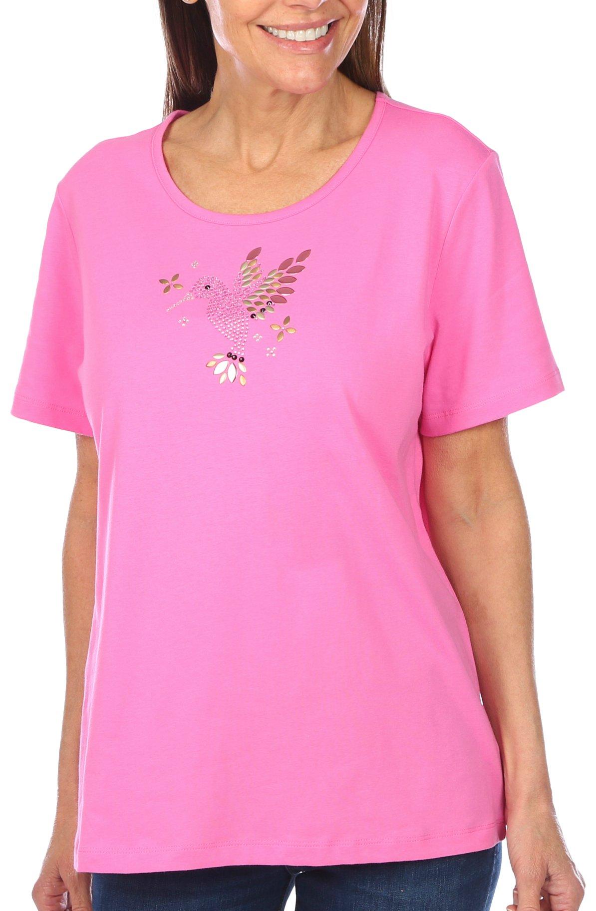 Coral Bay Womens Embellished Hummingbird Short Sleeve Top