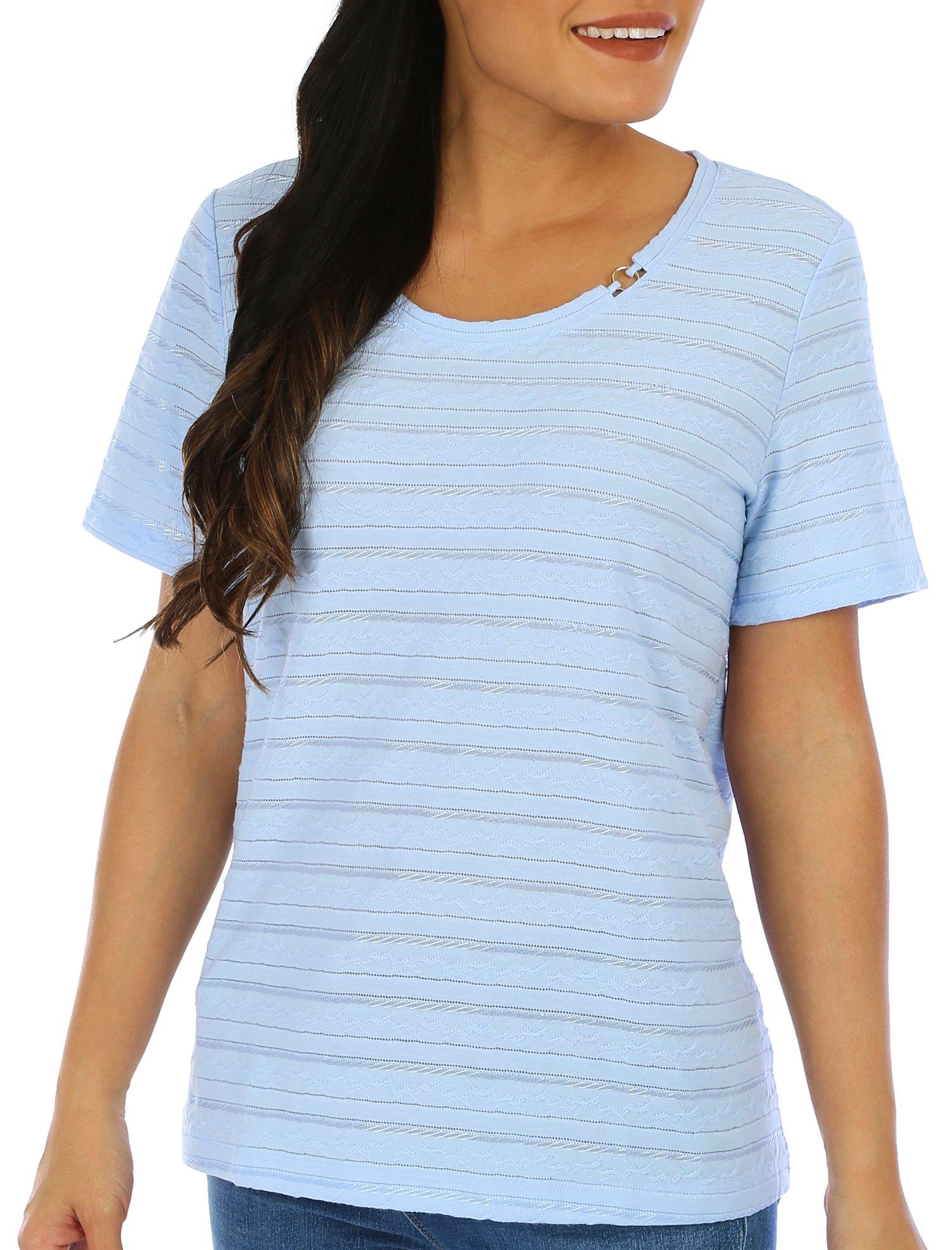 Coral Bay Womens Textured Stripe Short Sleeve Top