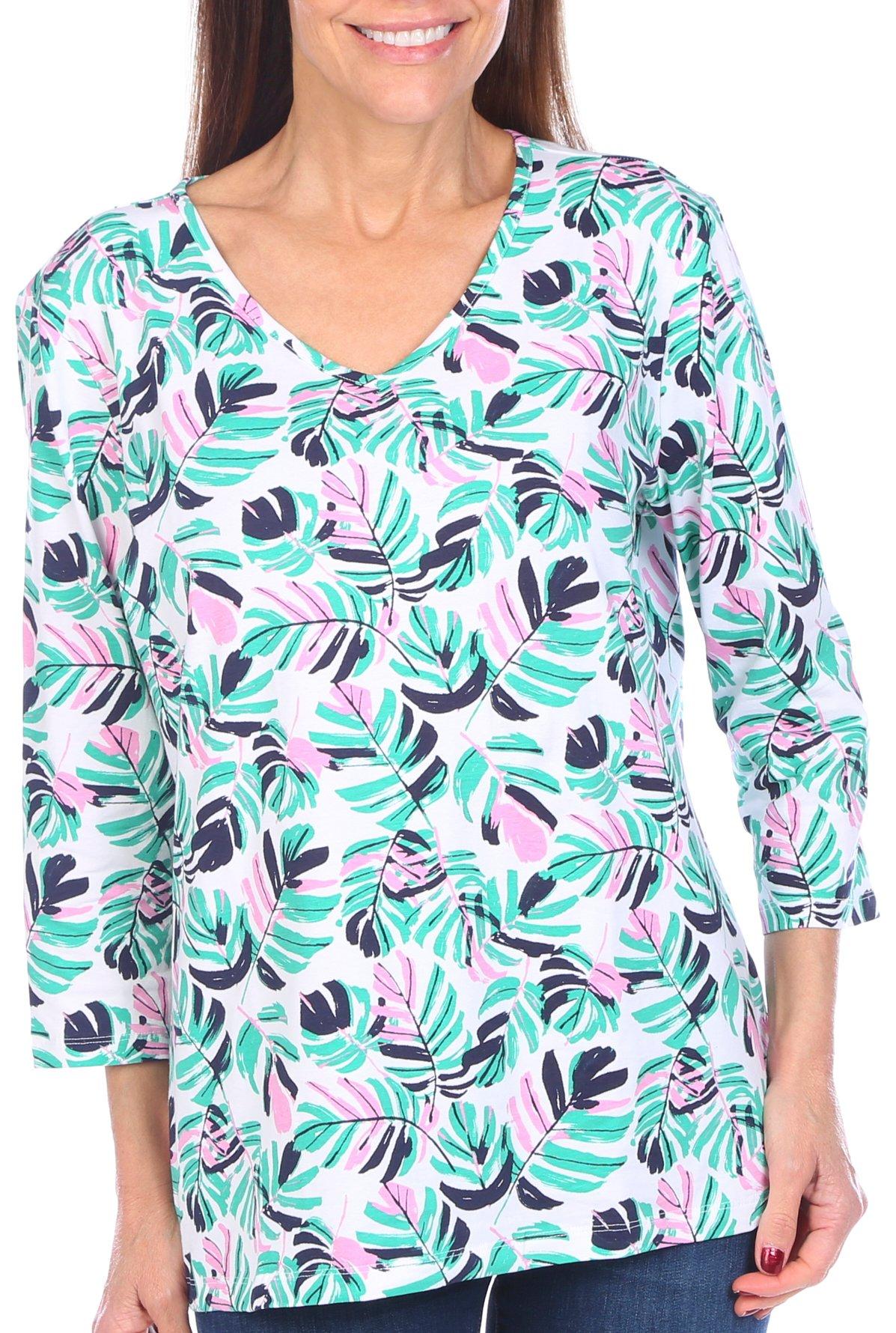 Coral Bay Womens Fronds Print V-Neck 3/4 Sleeve
