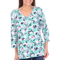 Coral Bay Womens Fronds Print V-Neck 3/4 Sleeve Top