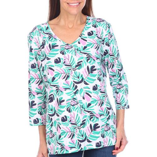 Coral Bay Womens Fronds Print V-Neck 3/4 Sleeve