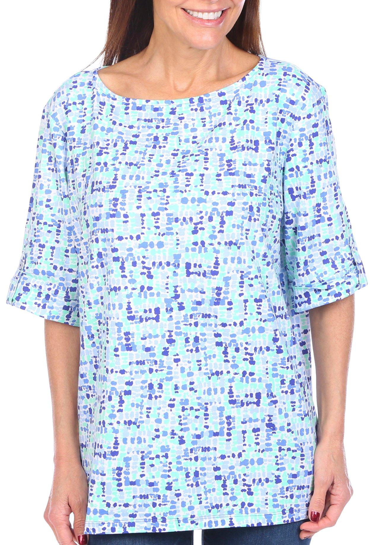 Coral Bay Womens Abstract Print Boat Neck Elbow Sleeve Top