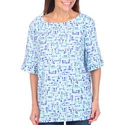 Coral Bay Womens Abstract Print Boat Neck Elbow Sleeve Top