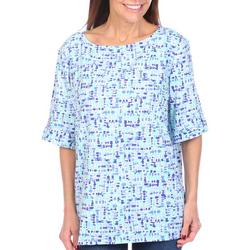 Womens Abstract Print Boat Neck Elbow Sleeve Top