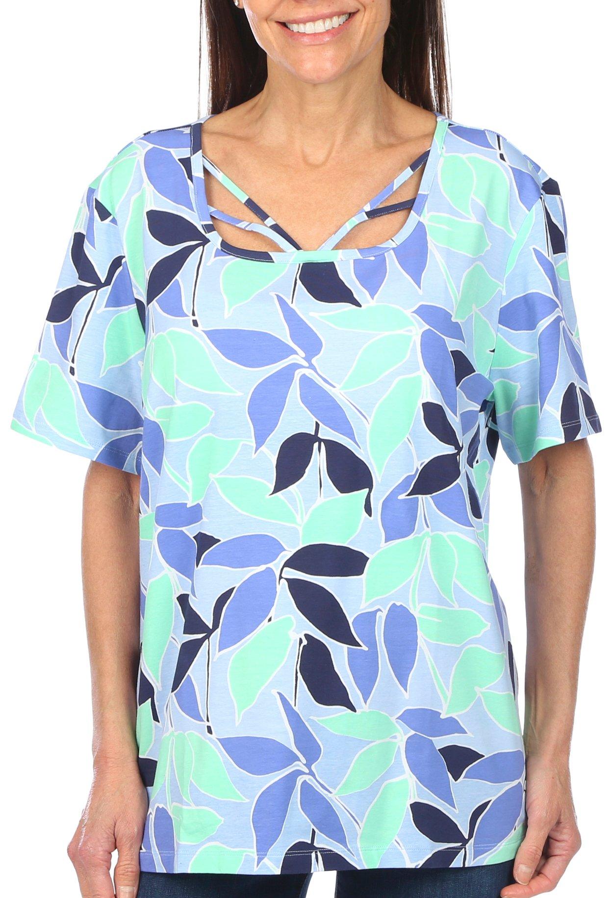 Coral Bay Womens Leaves Print Square Keyhole Top