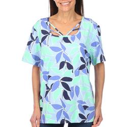 Womens Leaves Print Square Keyhole Top