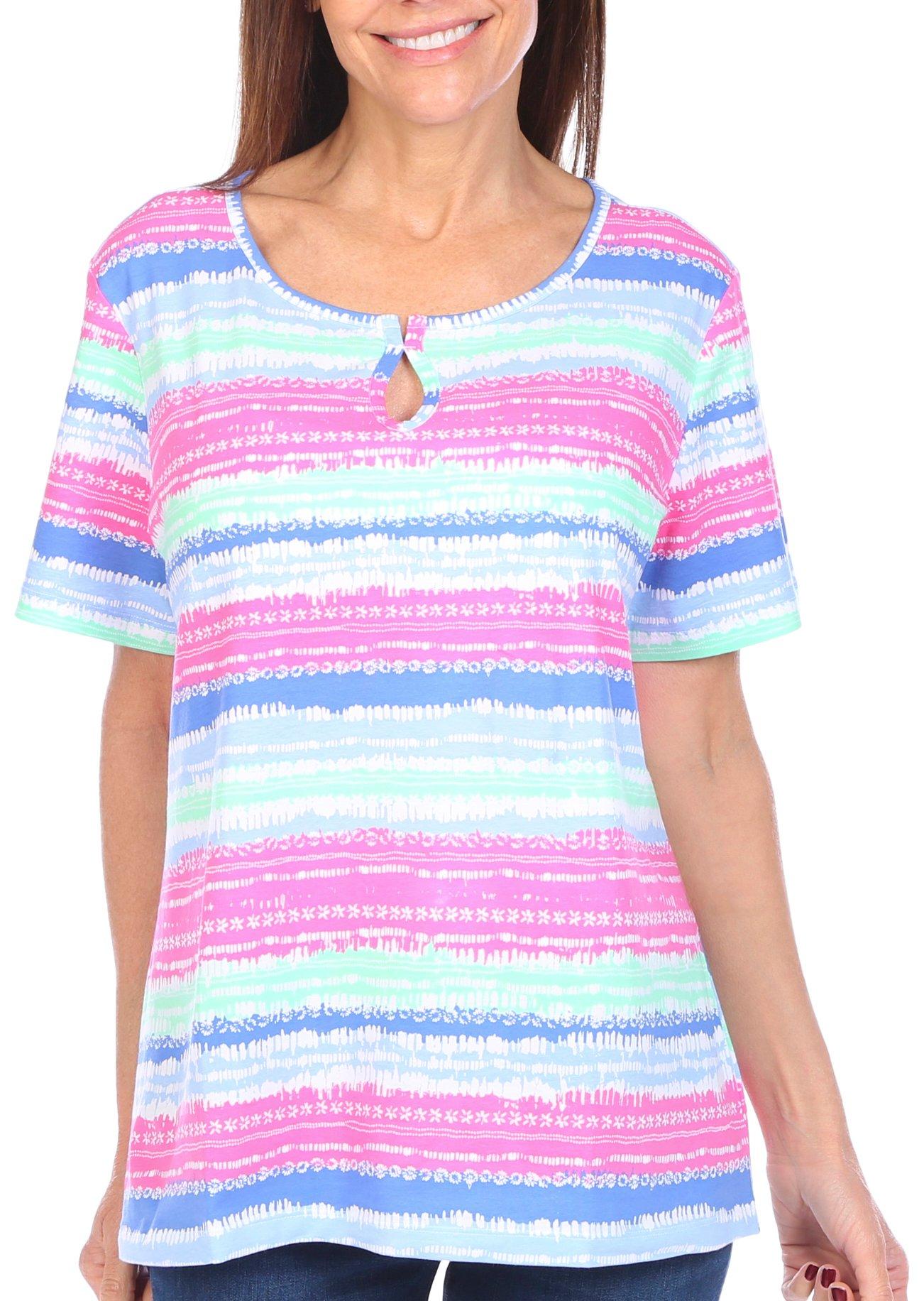 Coral Bay Womens Keyhole Neck Stripe Short Sleeve Top