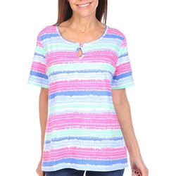 Coral Bay Womens Solid Keyhole Neck Stripe Short Sleeve Top