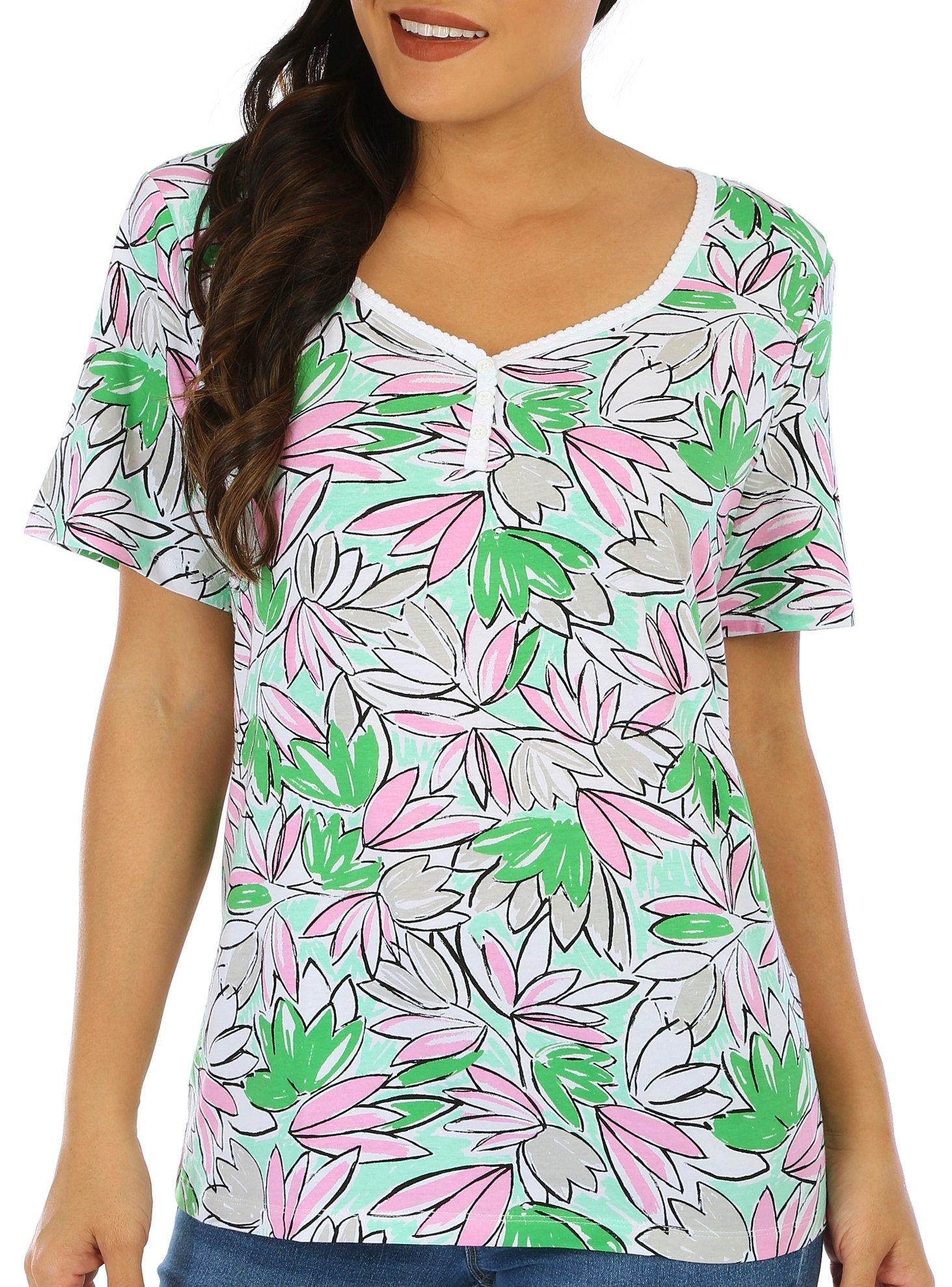 Coral Bay Womens Floral Print Henley Short Sleeve