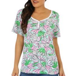 Coral Bay Womens Floral Print Henley Short Sleeve Top
