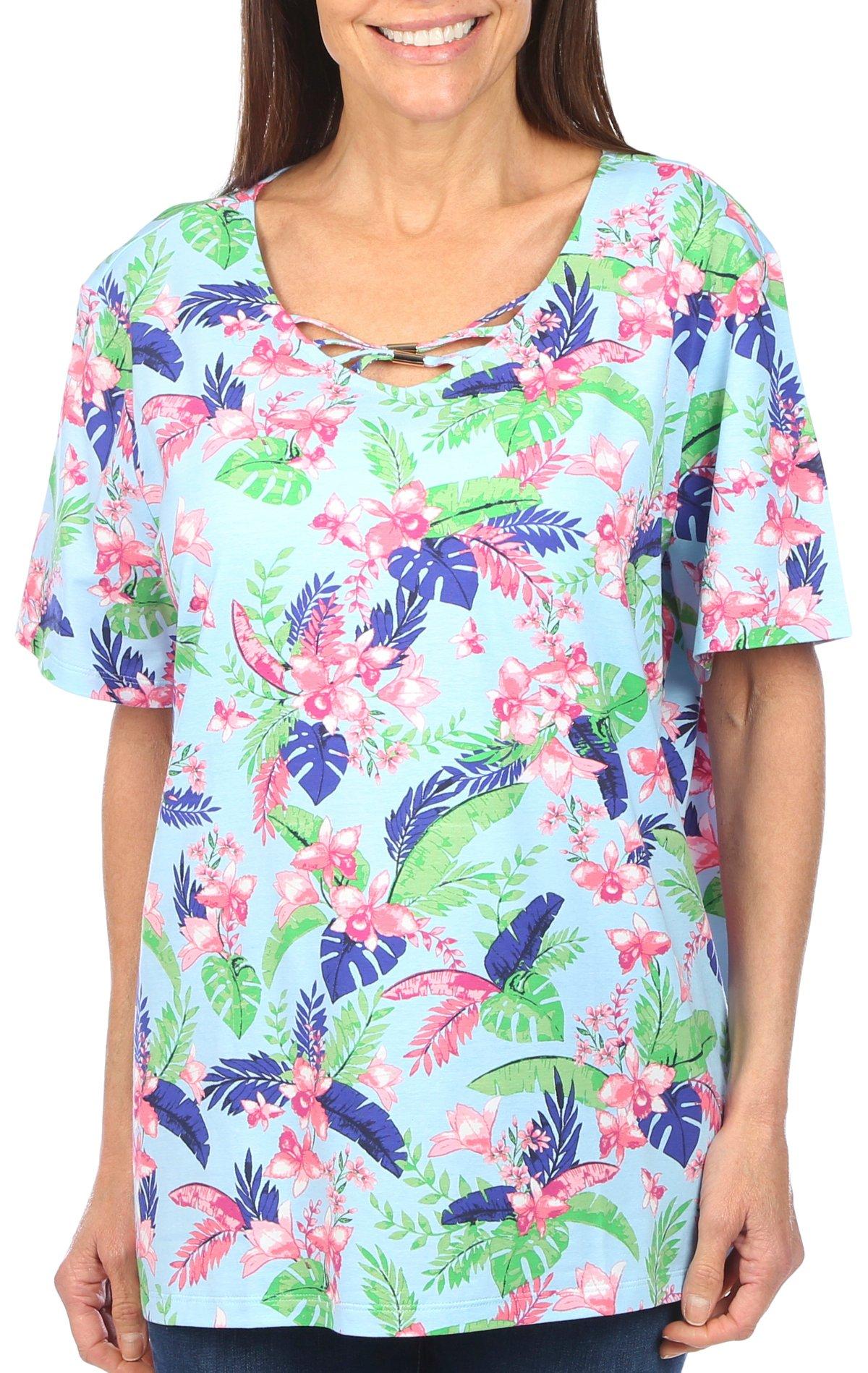Coral Bay Womens Crisscross Bars Floral Print Sleeve Top