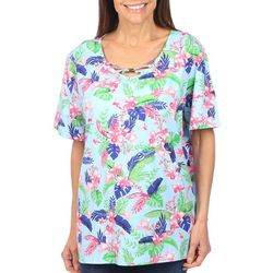 Coral Bay Womens Crisscross Bars Floral Print Sleeve Top