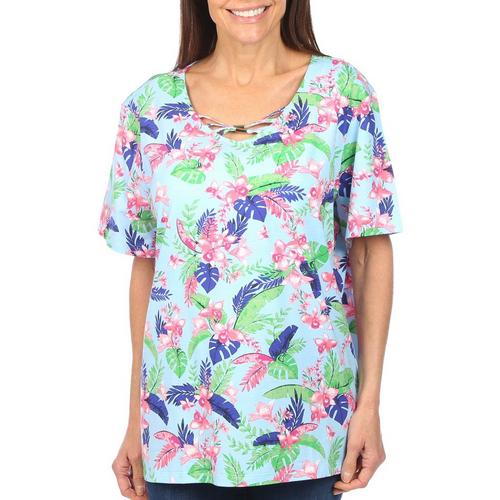 Coral Bay Womens Crisscross Bars Floral Print Sleeve