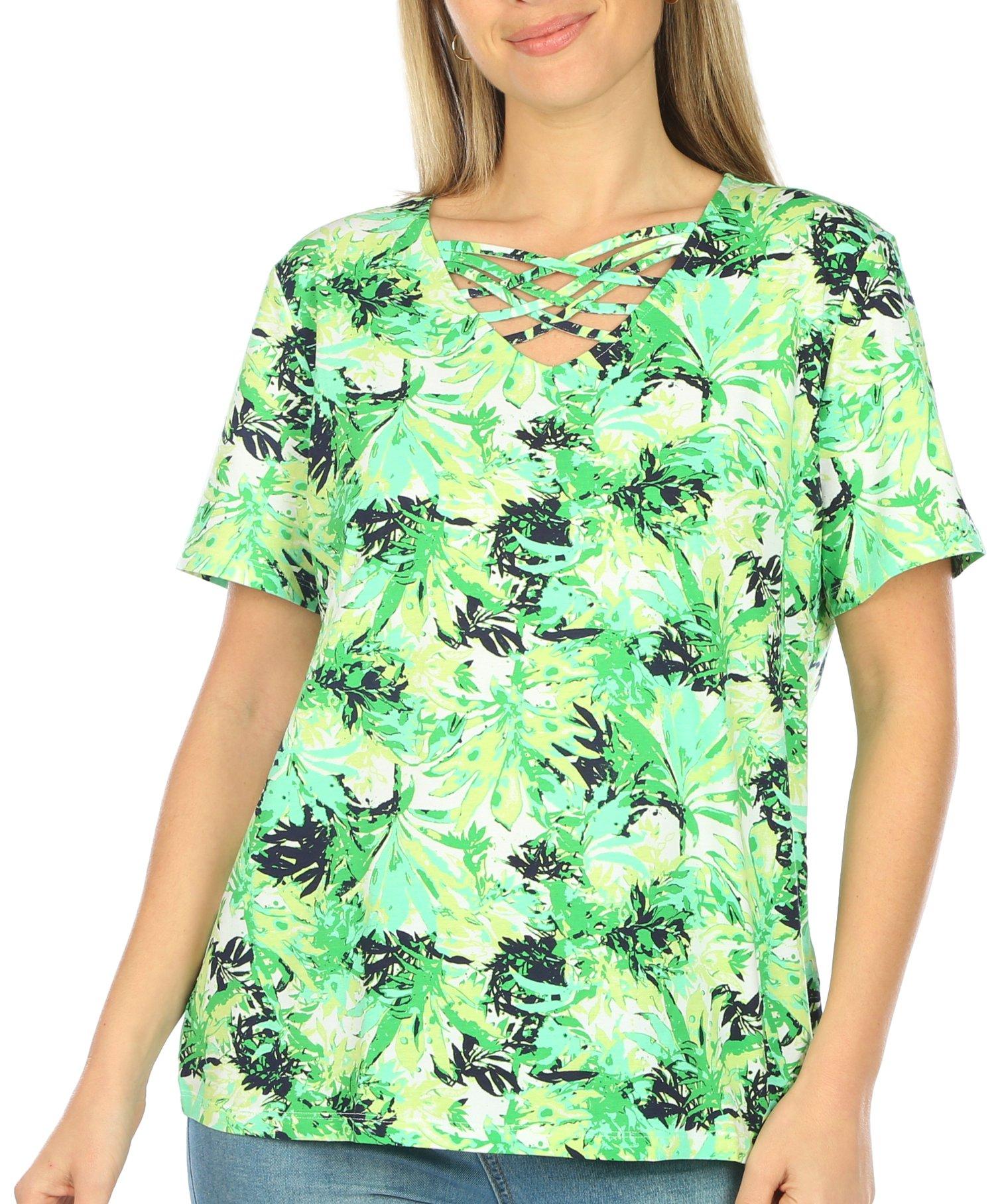 Coral Bay Womens Foliage Crisscross Short Sleeve Top