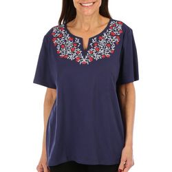Coral Bay Womens Embroidered Floral Yoke Short Sleeve Top