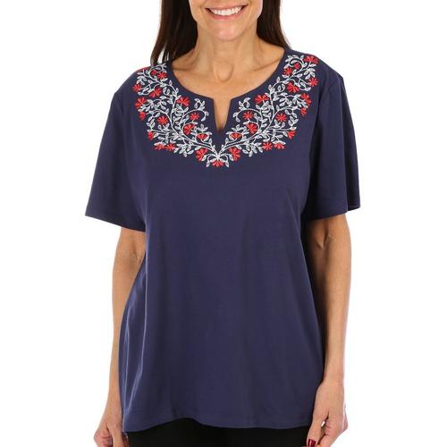 Coral Bay Womens Embroidered Floral Yoke Short Sleeve